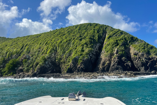 Boat docked in st.croix with a lush green island in the background. St.Croix Sightseeing Boat Charter.