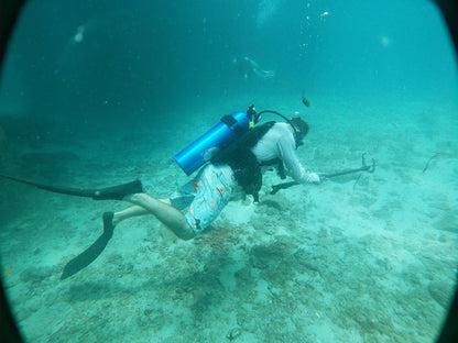 An underwater scene featuring a spearfisher with a blue tank and black spear, hunting in a shallow area with sand and some marine life visible. St.Croix Spearfishing Charter Divers