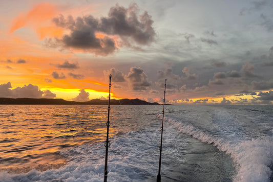 A photo of a St.Croix, USVI sunset over the ocean from the perspective of a boat charter with fishing rods in the foreground. Sunset Sail Charter